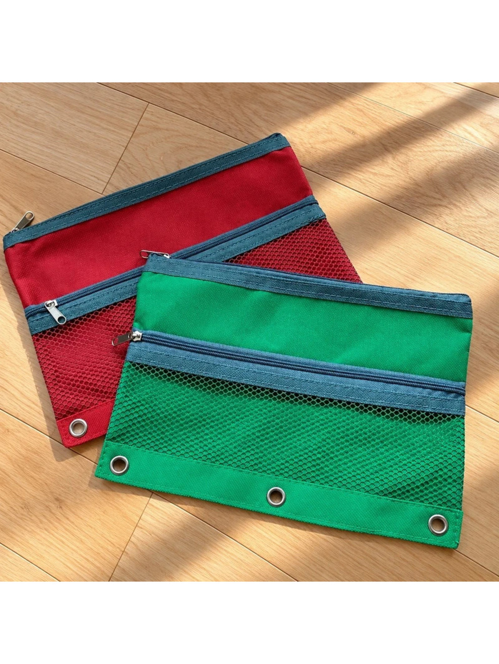 Set of 2 3-Ring Binder Pencil Pouches Red Green Zipper Mesh School Supplies